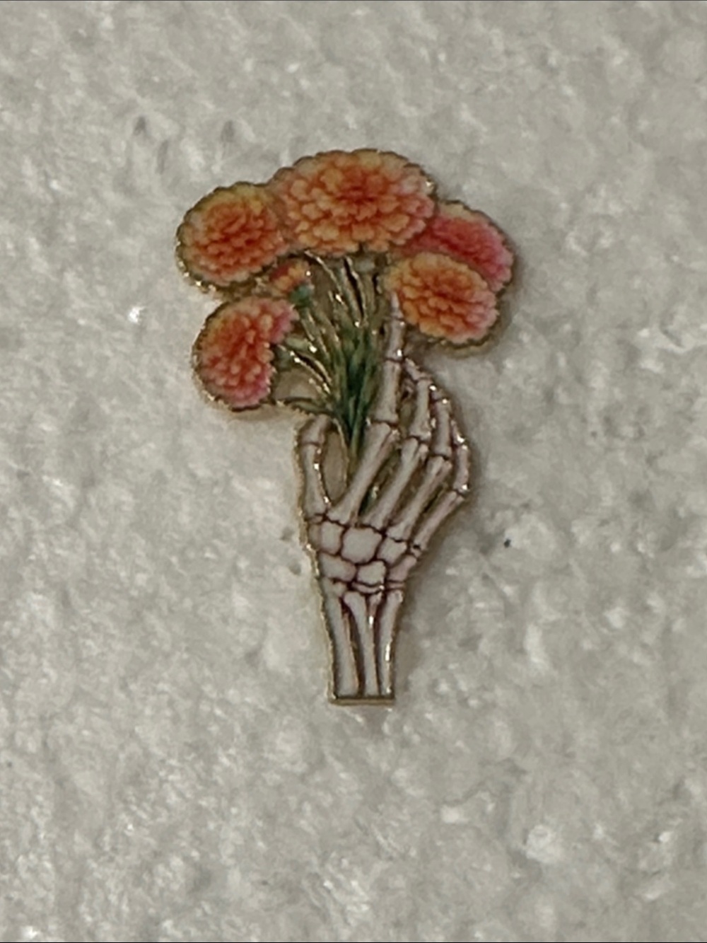 Skeleton Hand Bouquet Enamel Pin - Orange Floral Accent